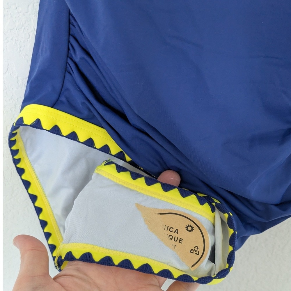 Aidonger Colorblock One Piece‎ Swimsuit Women S Yellow Navy Ruched Ric Rac Trim - Picture 8 of 8
